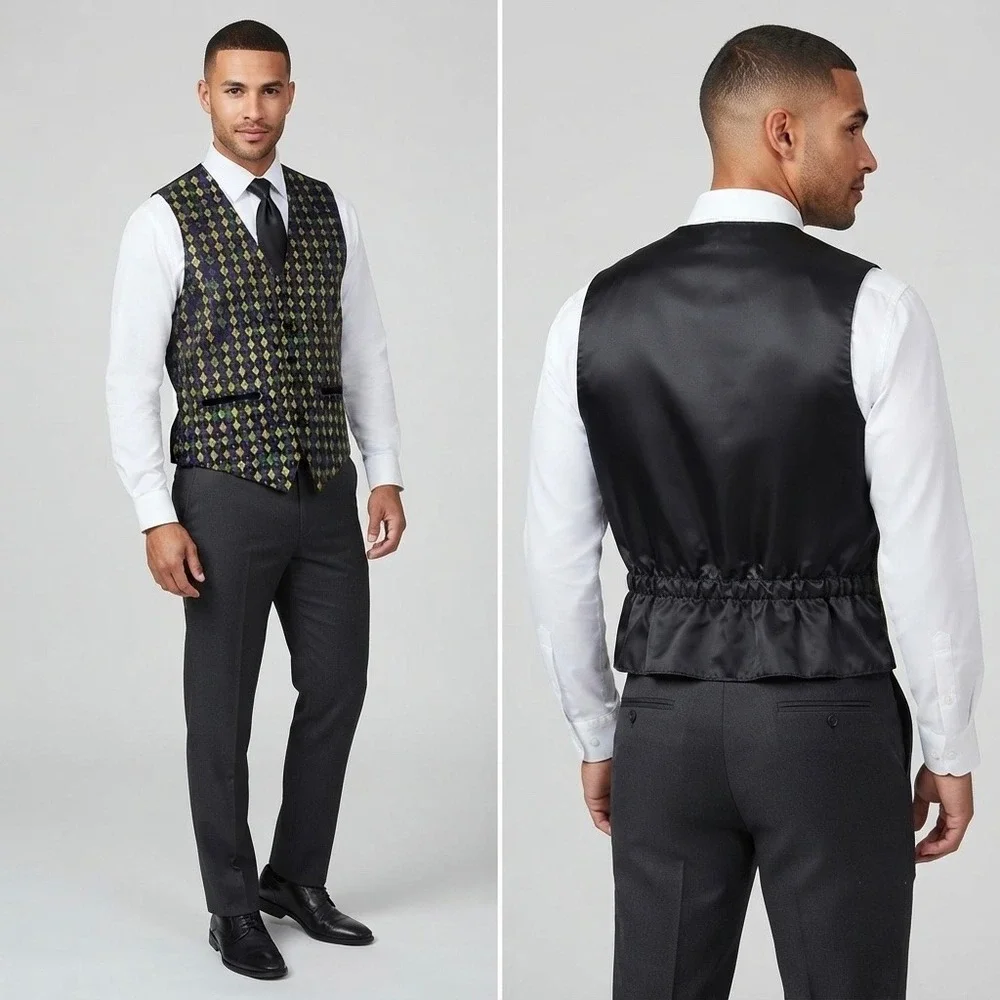 Neil Allyn Men's Tuxedo Vest Large Mardi Gras Harlequin Diamond Green Gold